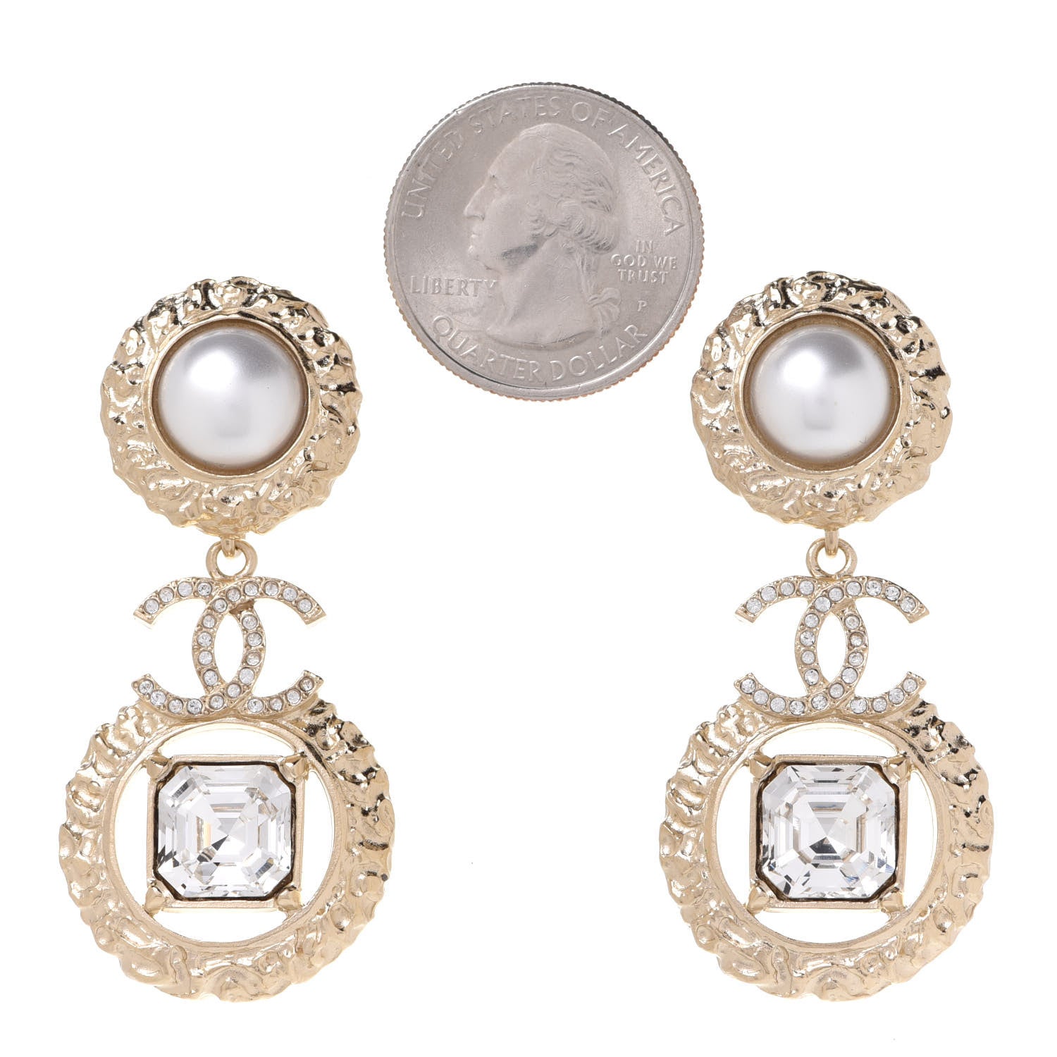 Chanel Crystal Pearl CC Drop Earrings Gold Pearly White 2 of 5