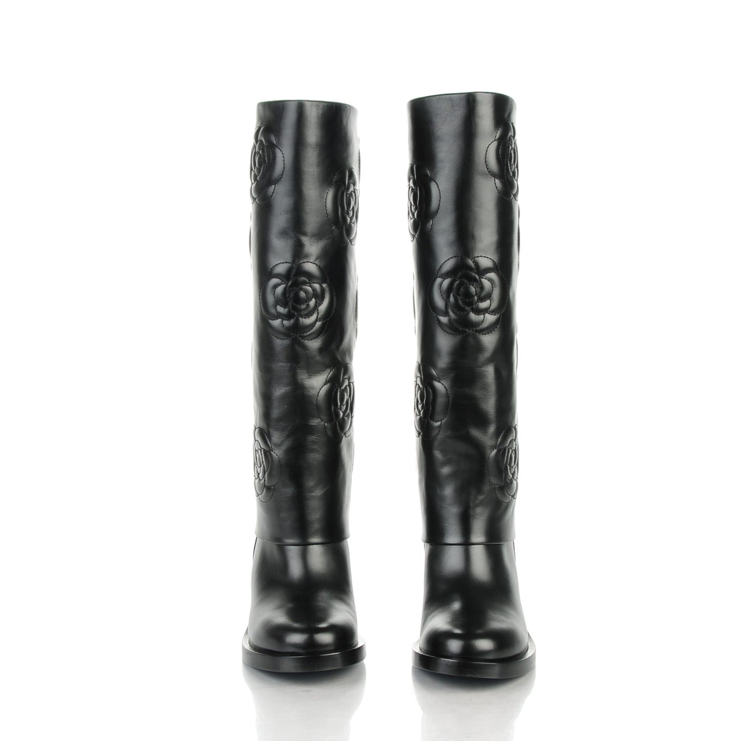 Calfskin Camellia High Boots 36 Black