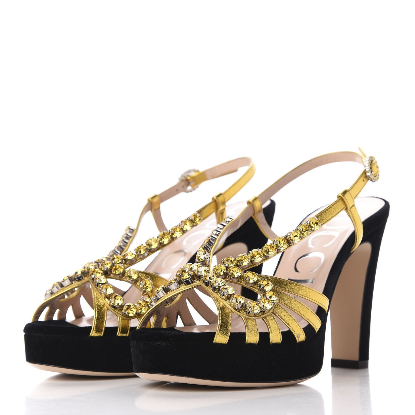Velvet Nappa Crystal Zephyra Slingback Platform High Heel Sandals 37 Black Gold