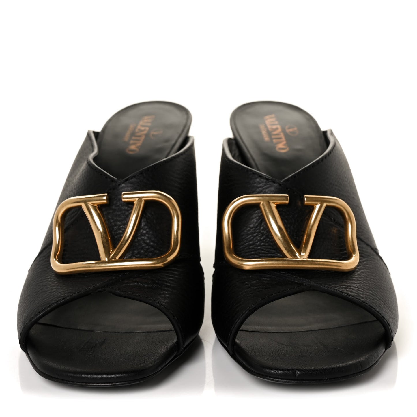 Grainy Cowhide VLogo Mid Heel Slide Sandals 39.5 Black