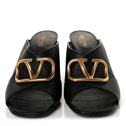 Valentino Garavani Grainy Cowhide VLogo Mid Heel Slide Sandals 39.5 Black 2 of 8