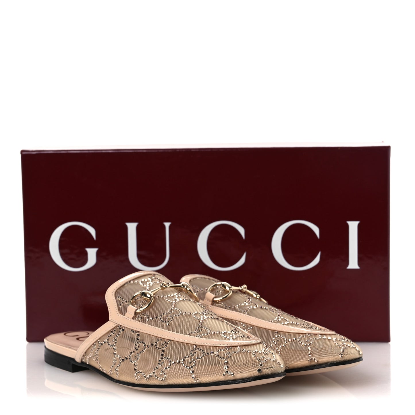 Patent Mesh Crystal GG Monogram Womens Princetown Slippers 37.5 Ivory