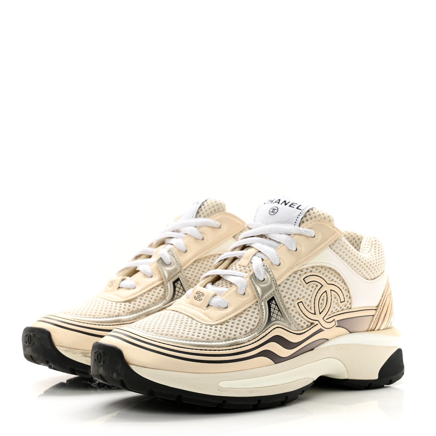 Fabric Laminated Calfskin Stretch CC Sneakers 35.5 White Gold Silver