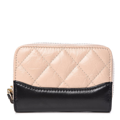 Chanel Aged Calfskin Quilted Gabrielle Zip Around Coin Purse Wallet Beige Black 1 of 15