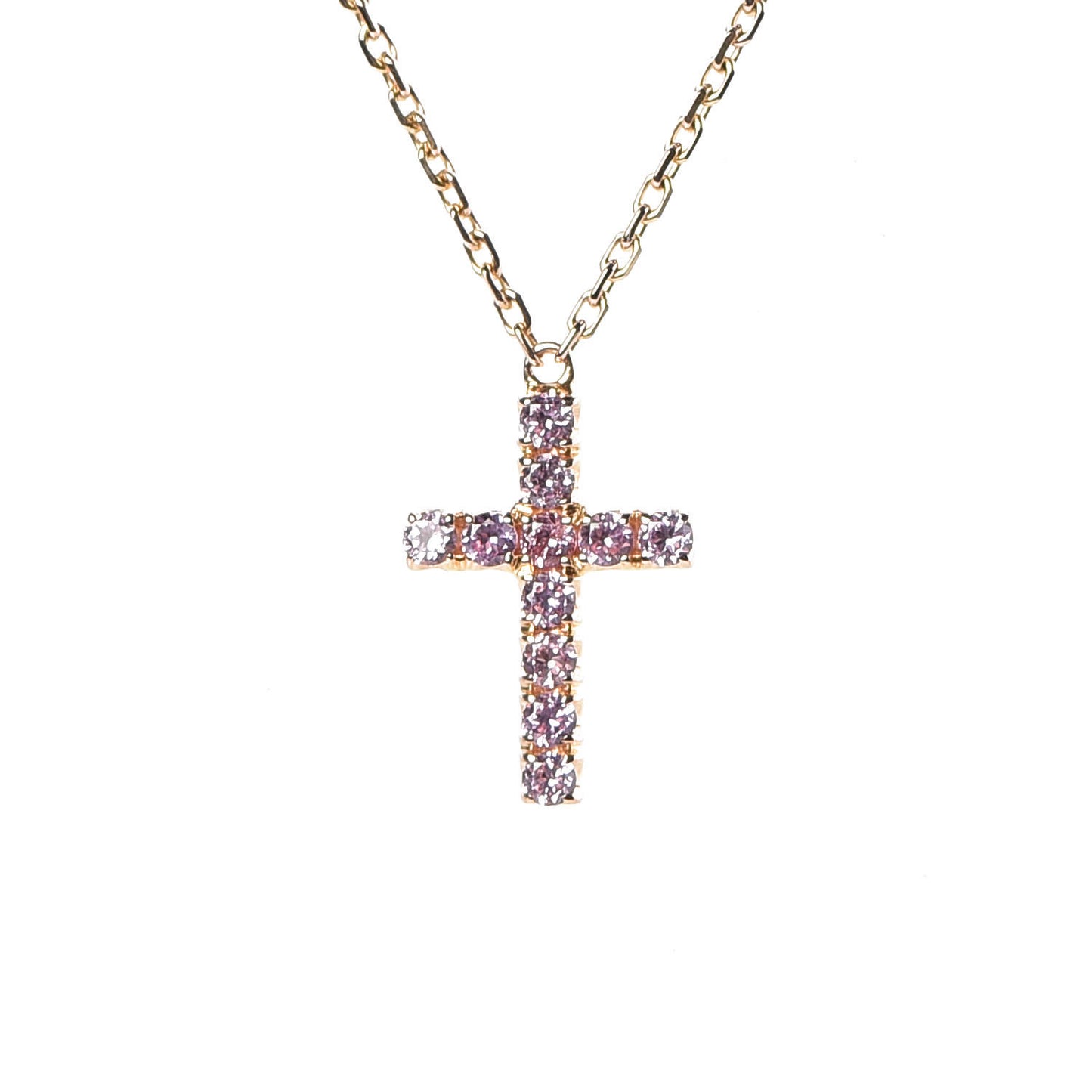 18K Pink Gold Pink Sapphire Symbols Cross Pendant Necklace