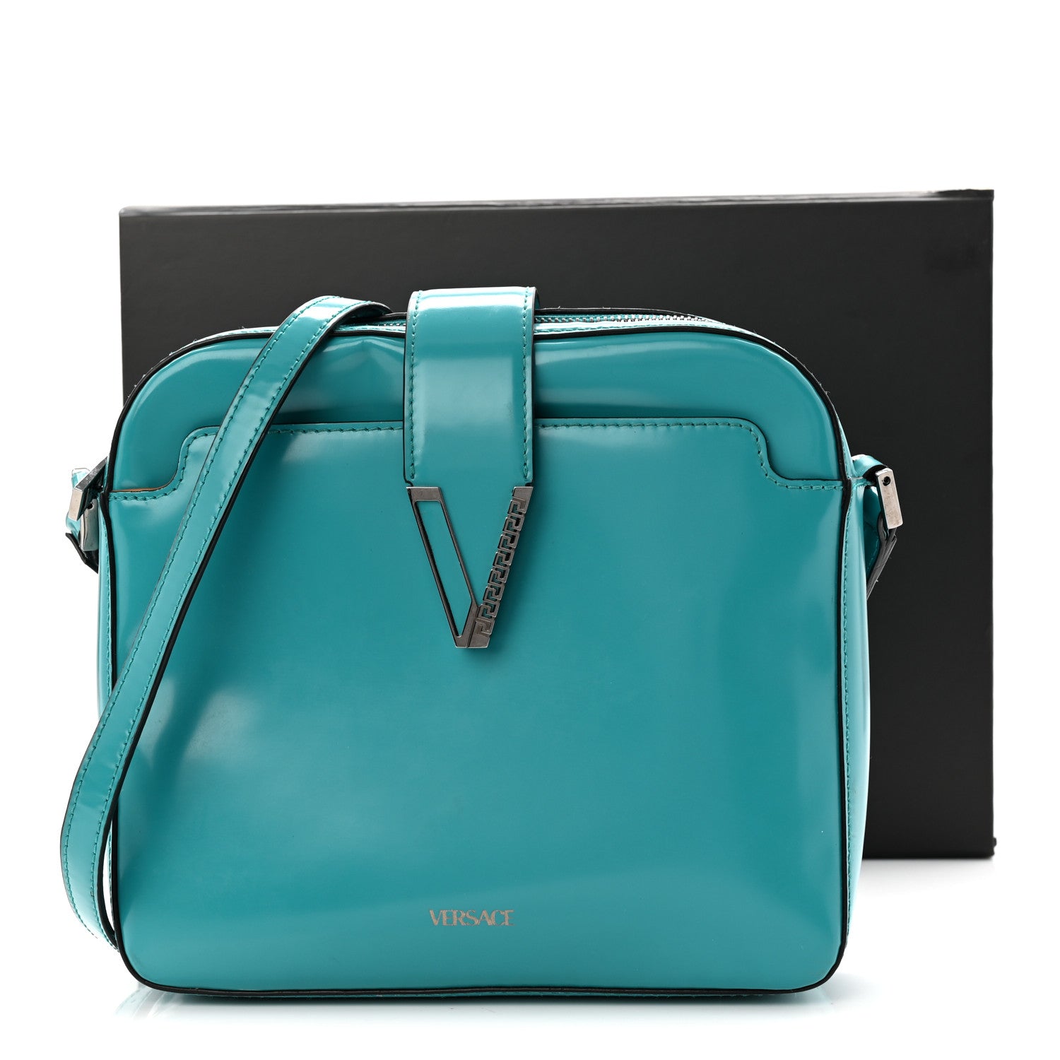 Versace Shiny Calfskin V Greca Messenger Bag Teal 1869468