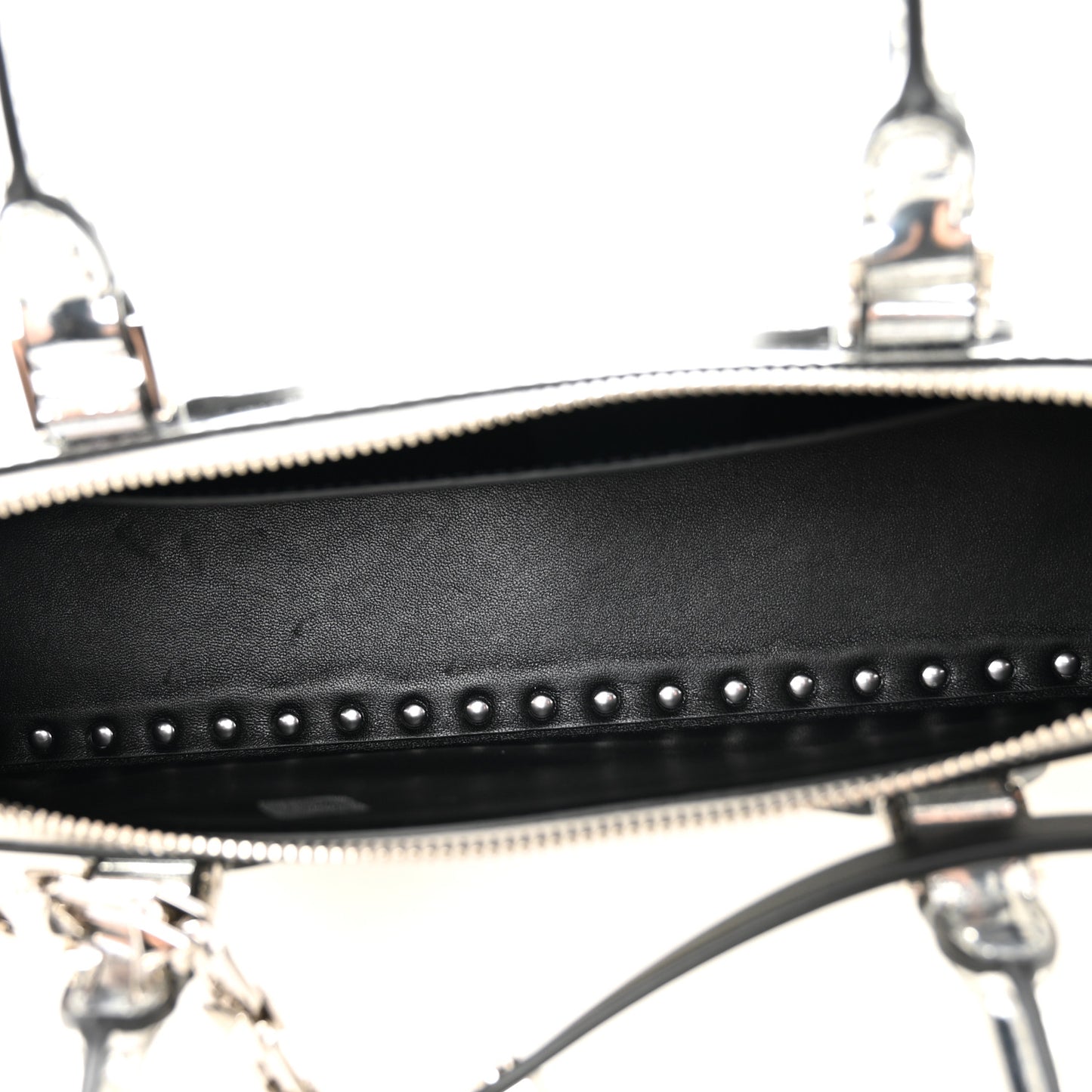 Mirror Calfskin Rockstud East West Top Handle Bag Silver