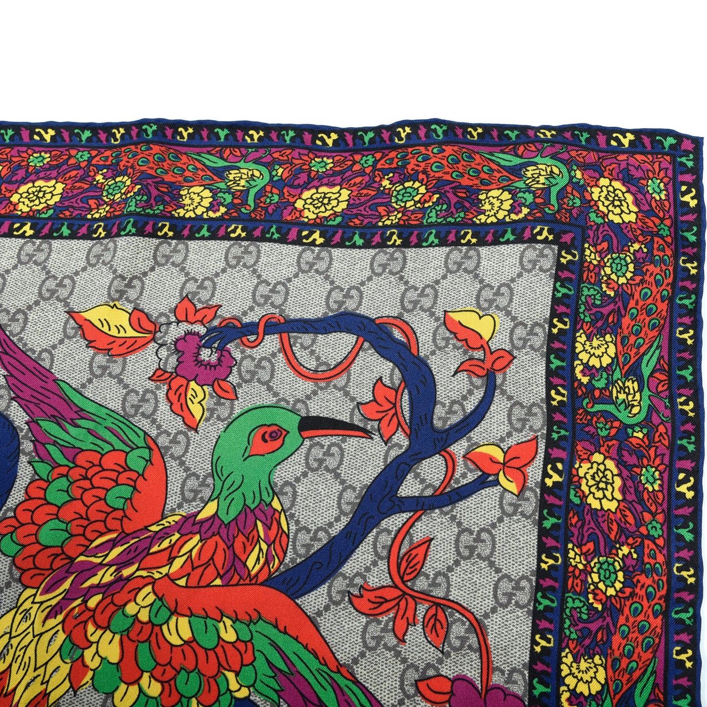 Silk Monogram Floral Birds Square Scarf Multicolor