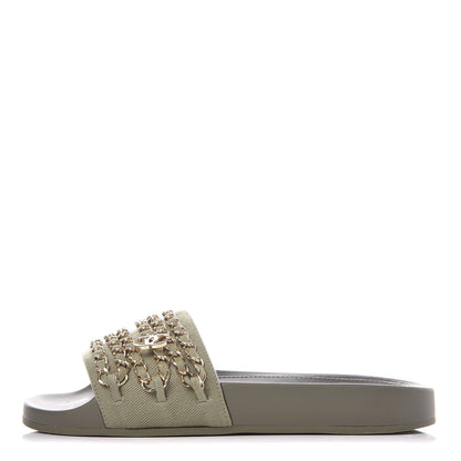 Chanel Canvas Chain Flat Sandals 36 Khaki 1 of 10