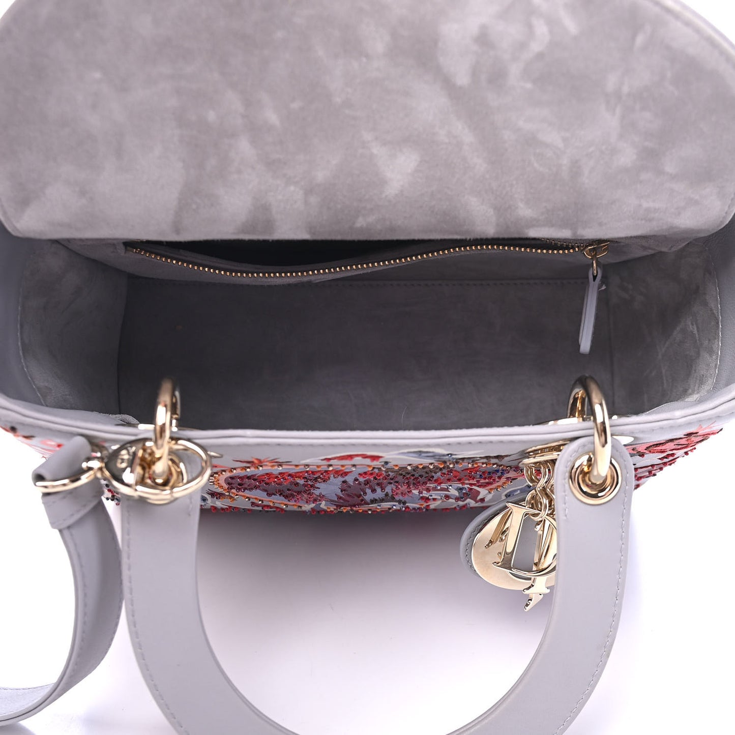 Calfskin Beaded Printed Medium Lady Dior Light Grey Multicolor