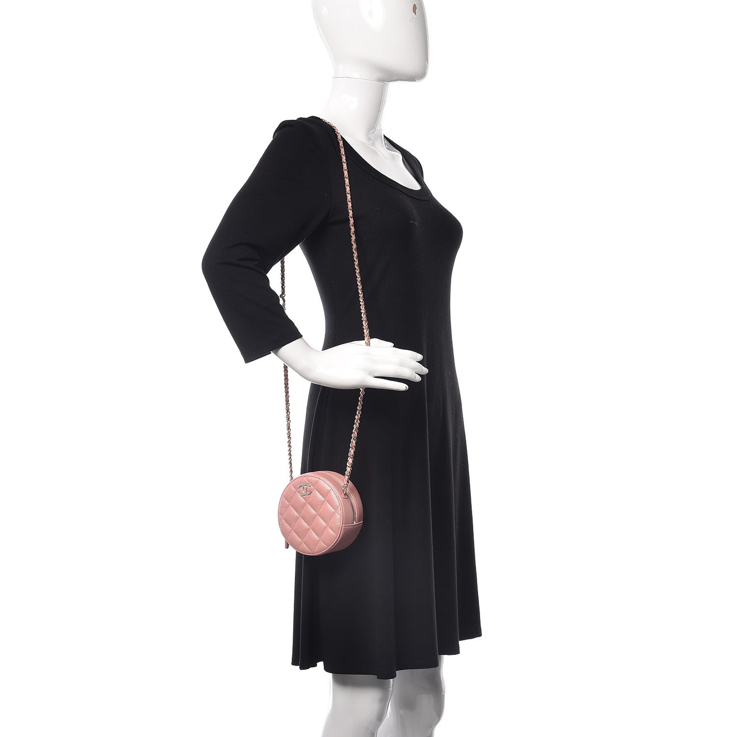 Iridescent Caviar Resin Quilted Round Clutch With Chain Pink