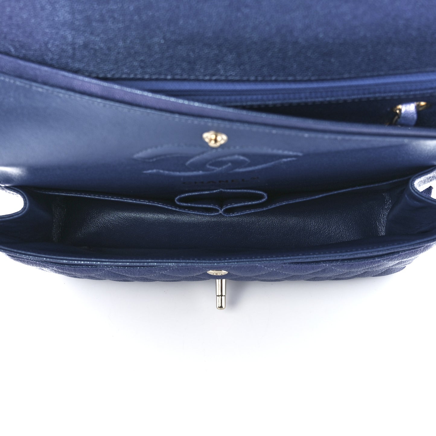 Iridescent Caviar Quilted Medium Double Flap Dark Blue