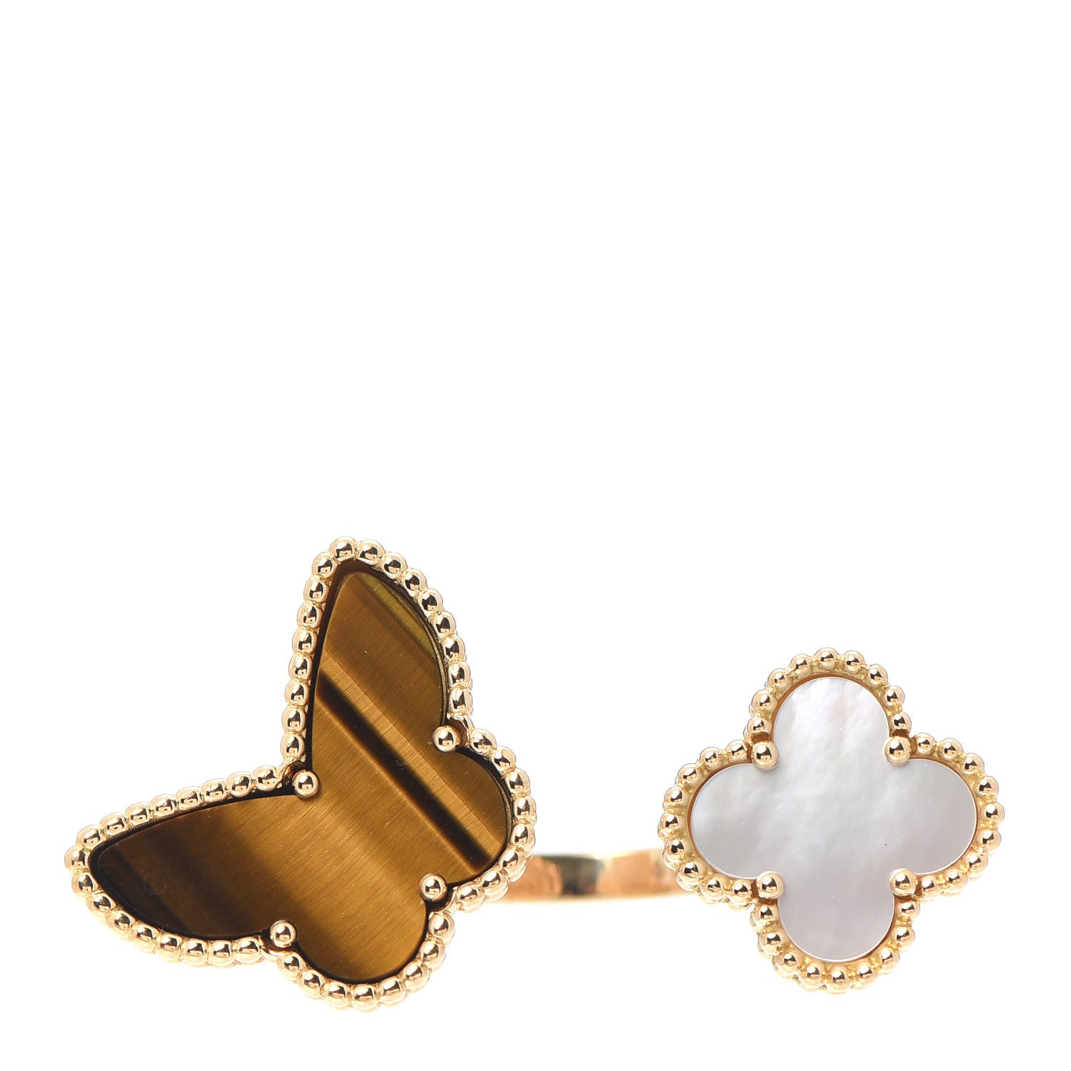 Van Cleef & Arpels 18K Yellow Gold Mother of Pearl Tiger Eye Lucky Alhambra Between the Finger Ring 54 6.75 1 of 7