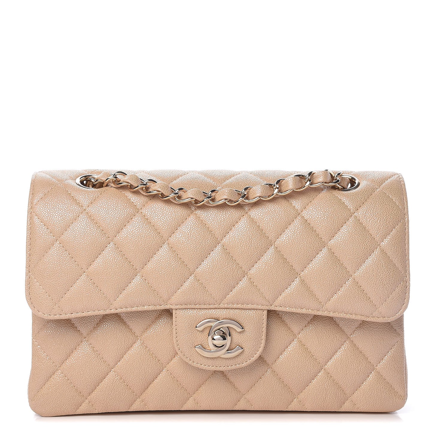 Iridescent Caviar Quilted Small Double Flap Beige