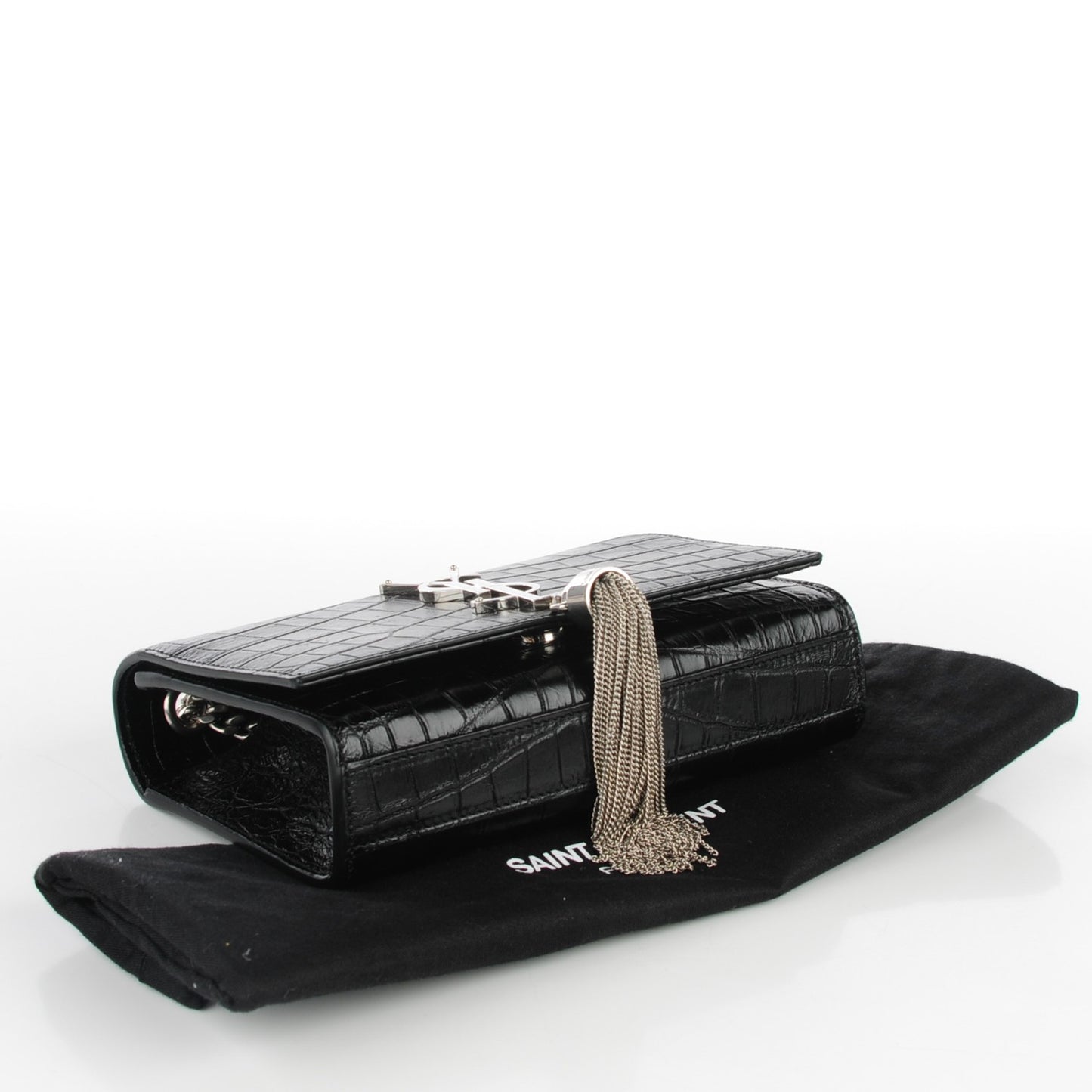 Calfskin Crocodile Embossed Small Classic Monogram Tassel Satchel Black