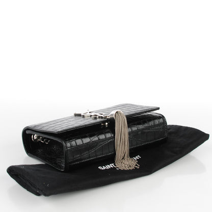 Saint Laurent Calfskin Crocodile Embossed Small Classic Monogram Tassel Satchel Black 4 of 8