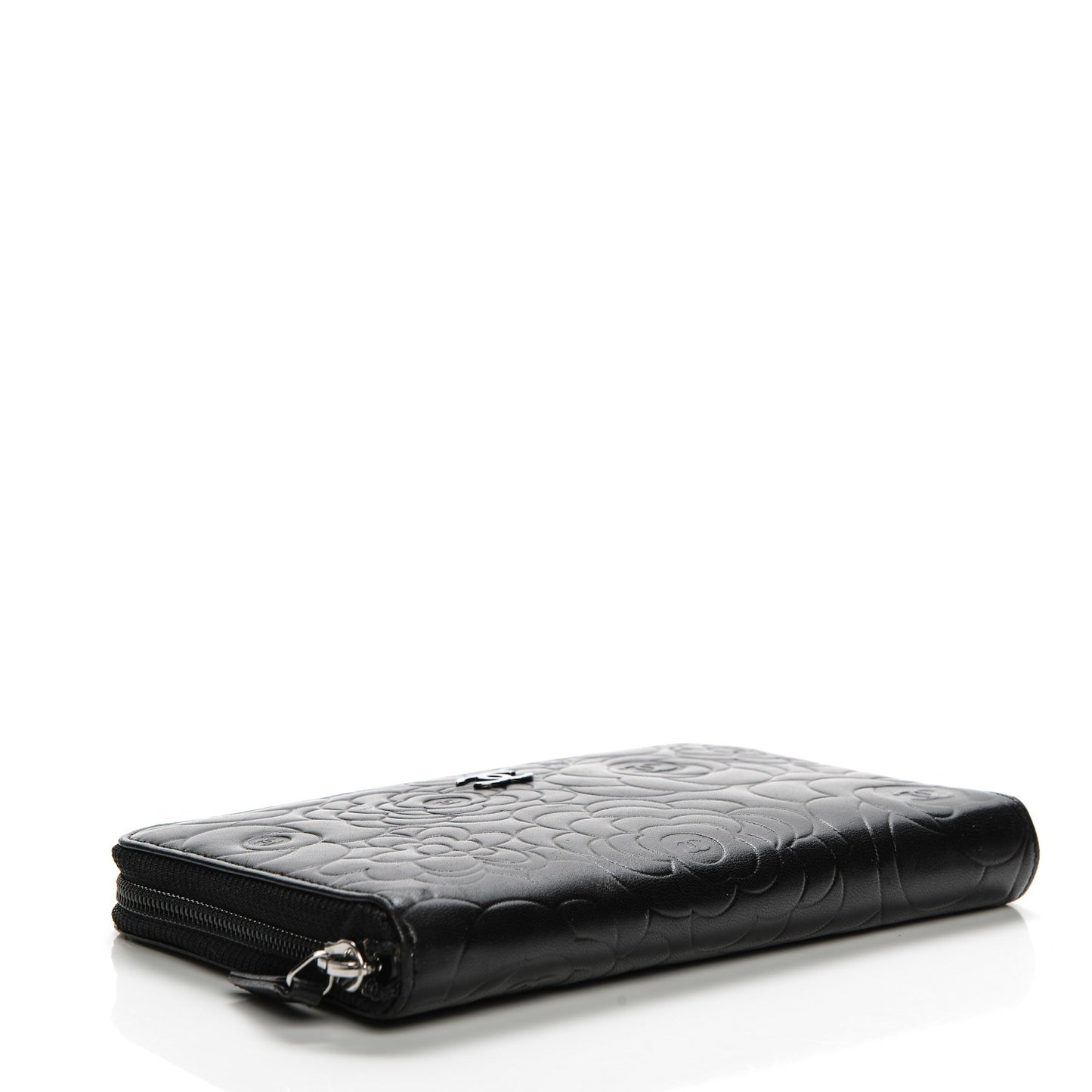 Lambskin Camellia Embossed Zip Around Organizer Wallet Black