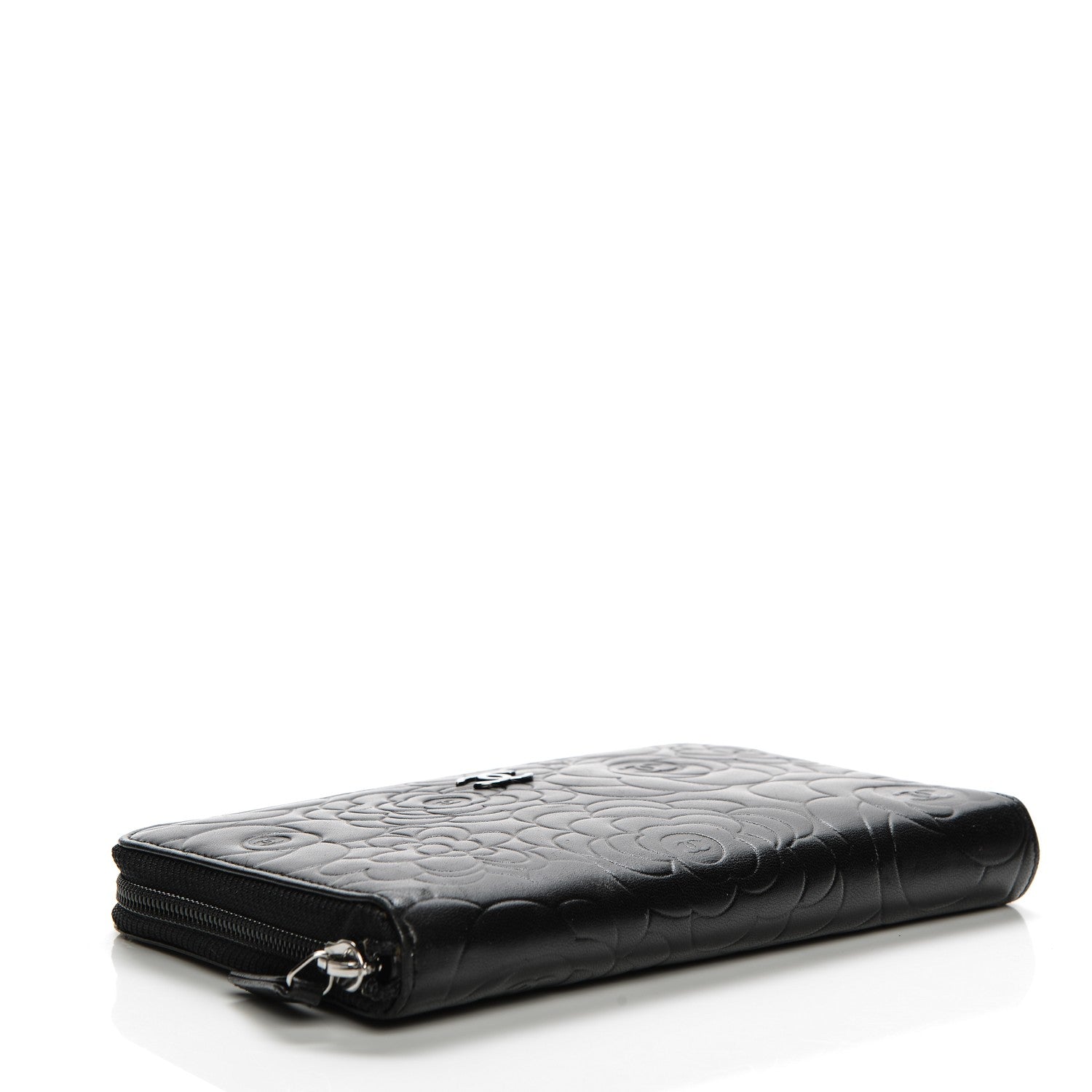 Chanel Lambskin Camellia Embossed Zip Around Organizer Wallet Black 4 of 9