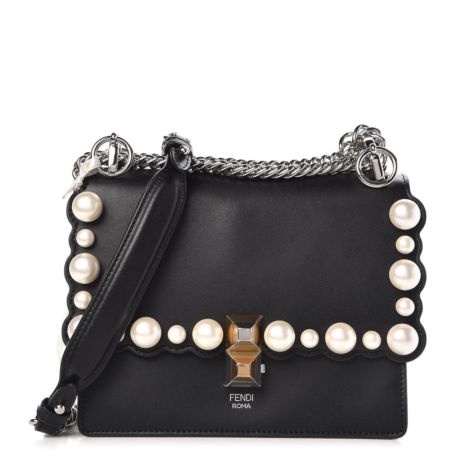 Vitello Liberty Pearl Scalloped Studded Small Kan I Shoulder Bag Black