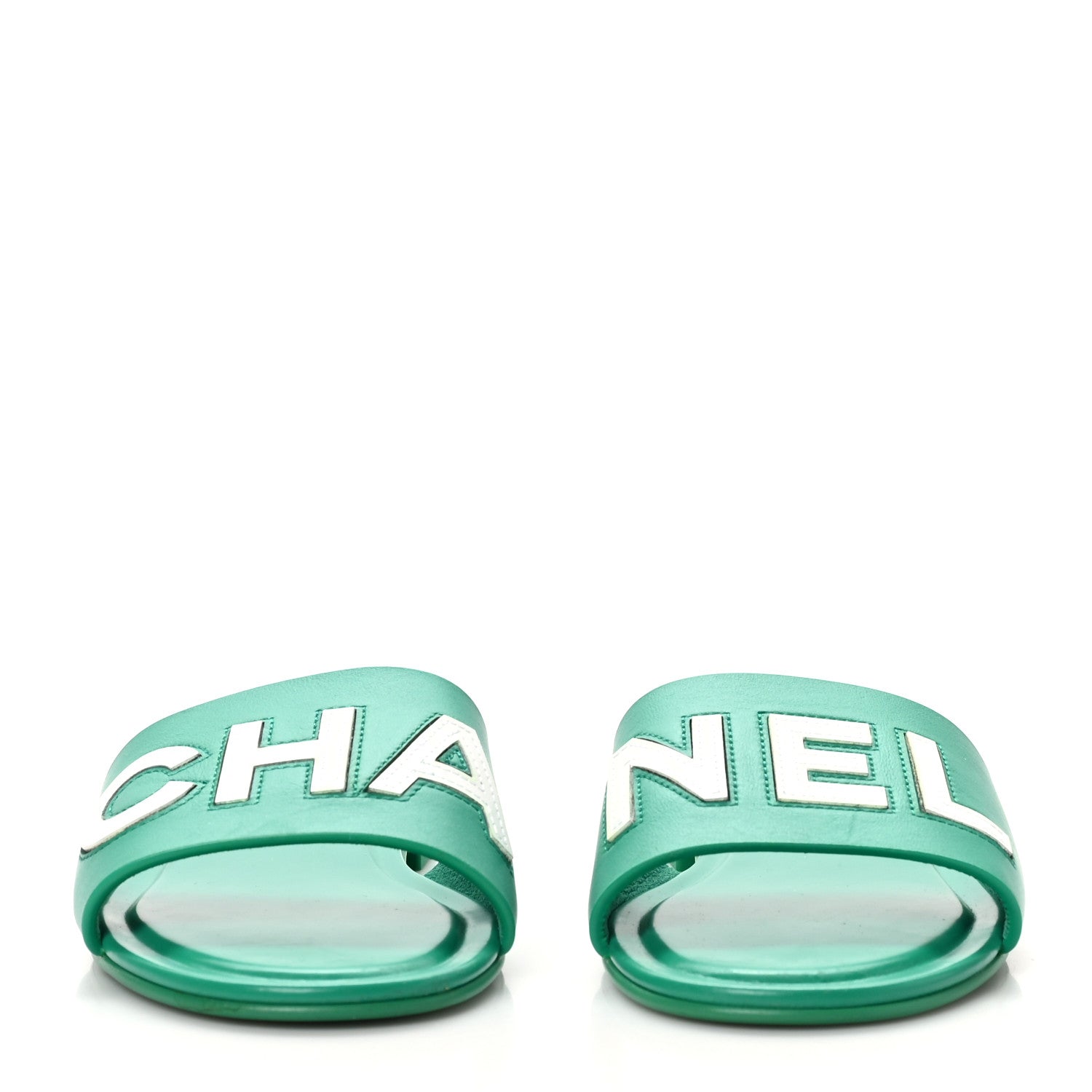 Chanel Calfskin Patent Calfskin Logo Mules 38.5 Green White 3 of 9