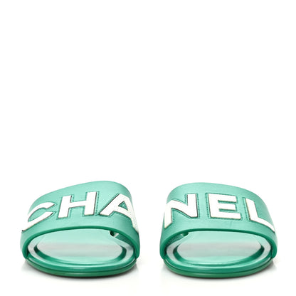 Chanel Calfskin Patent Calfskin Logo Mules 38.5 Green White 3 of 9