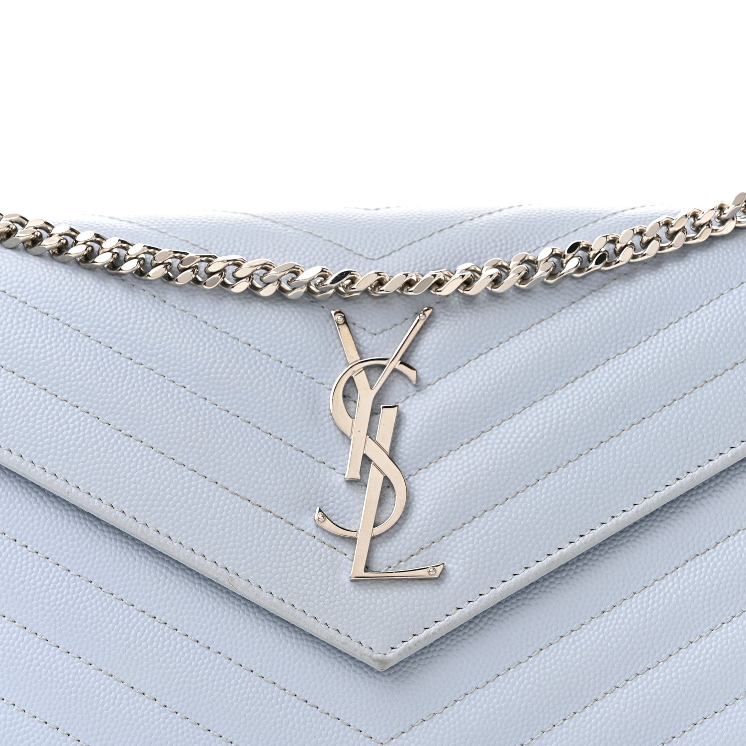 Saint Laurent Grain De Poudre Matelasse Chevron Monogram Chain Wallet Sky Blue 7 of 9