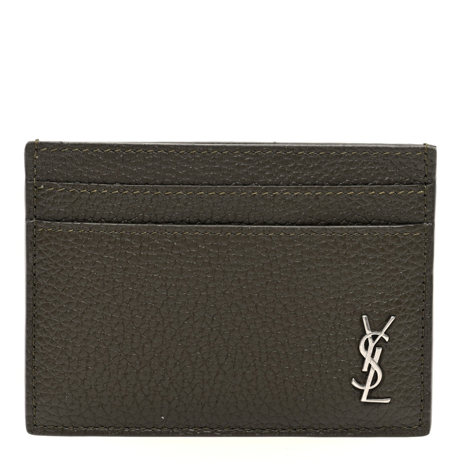 Saint Laurent Grained Calfskin Tiny Cassandre Credit Card Case Dark Khaki 1 of 7