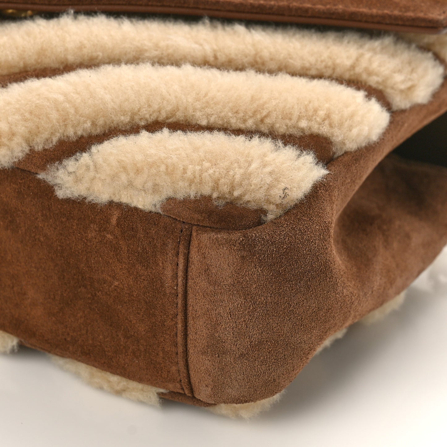 Nubuck Shearling Chevron Monogram Medium College Bag Dark Cigar Natural Beige