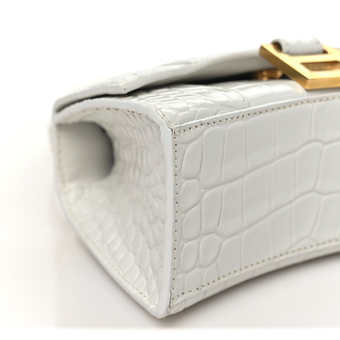 Shiny Calfskin Crocodile Embossed Hourglass Top Handle Bag XS White