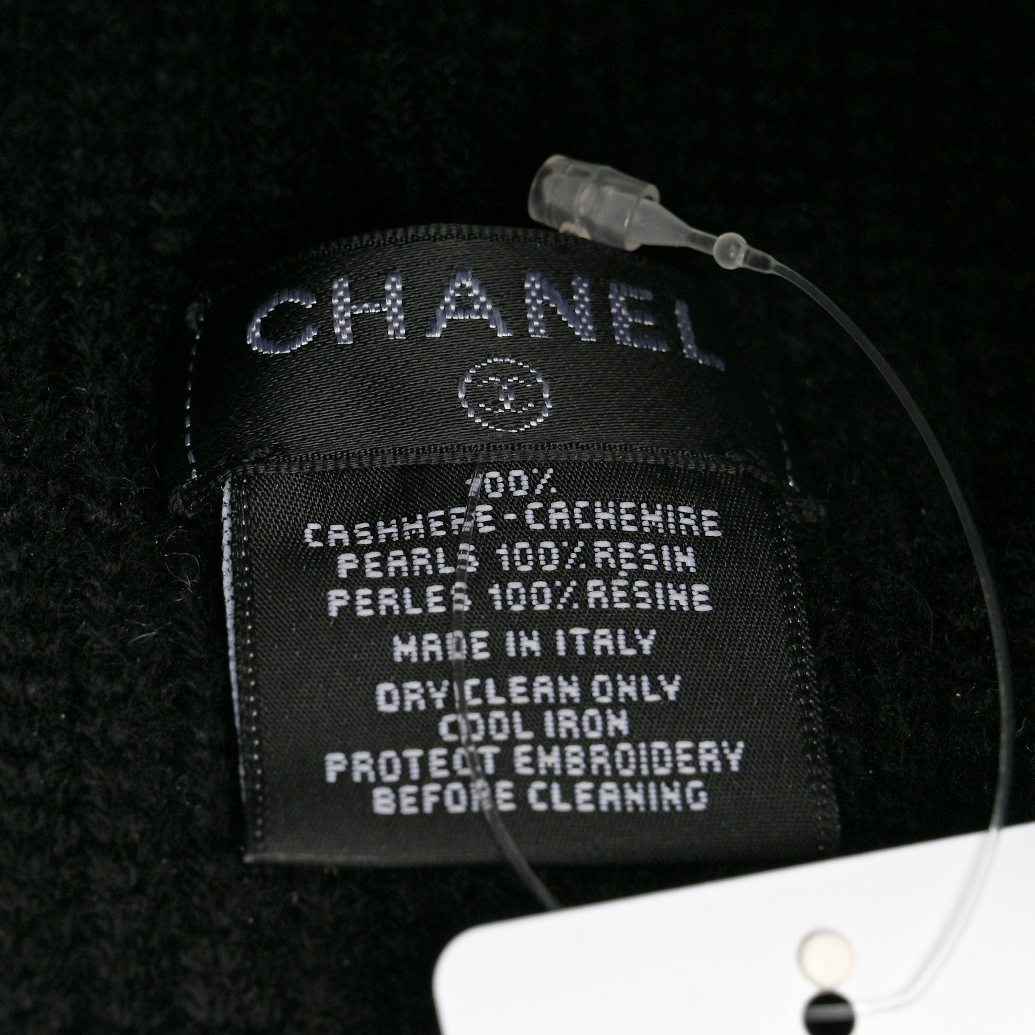 Chanel Cashmere Pearl Logo Beanie Hat Black Ivory 5 of 5