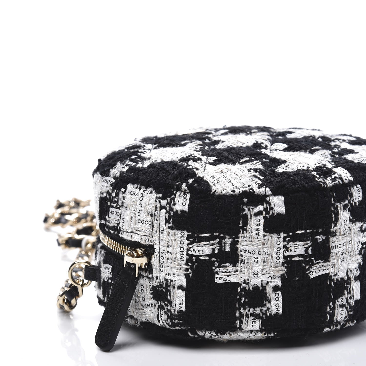 Chanel Tweed Quilted Round Clutch With Chain Black Ecru White 7 of 9