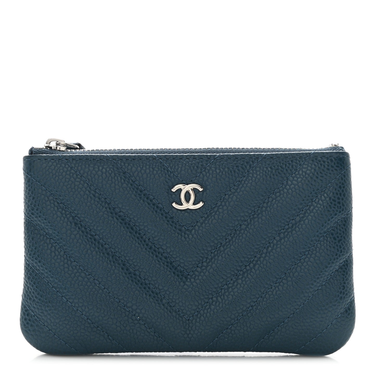 Caviar Chevron Quilted Small Cosmetic Case Blue