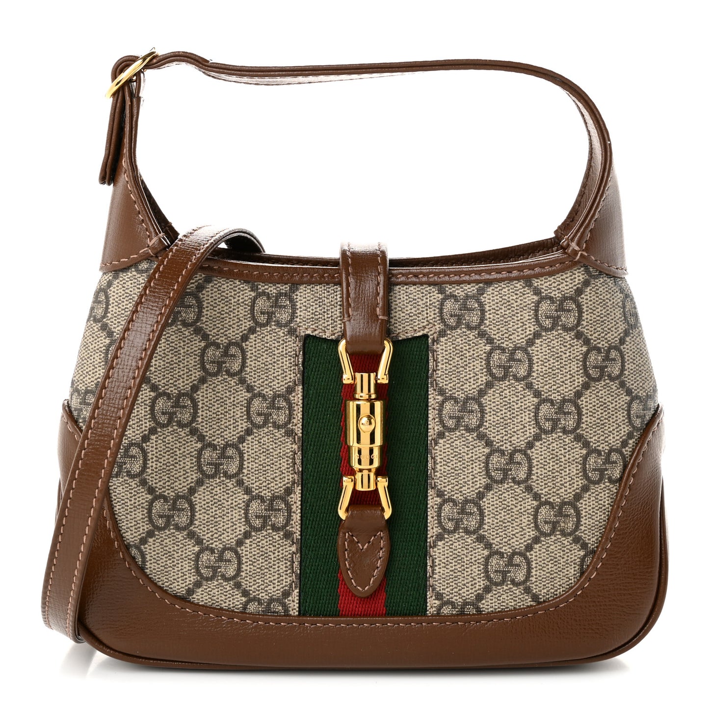 GG Supreme Monogram Azalea Calfskin Web Mini Jackie 1961 Hobo Beige Ebony Brown Sugar