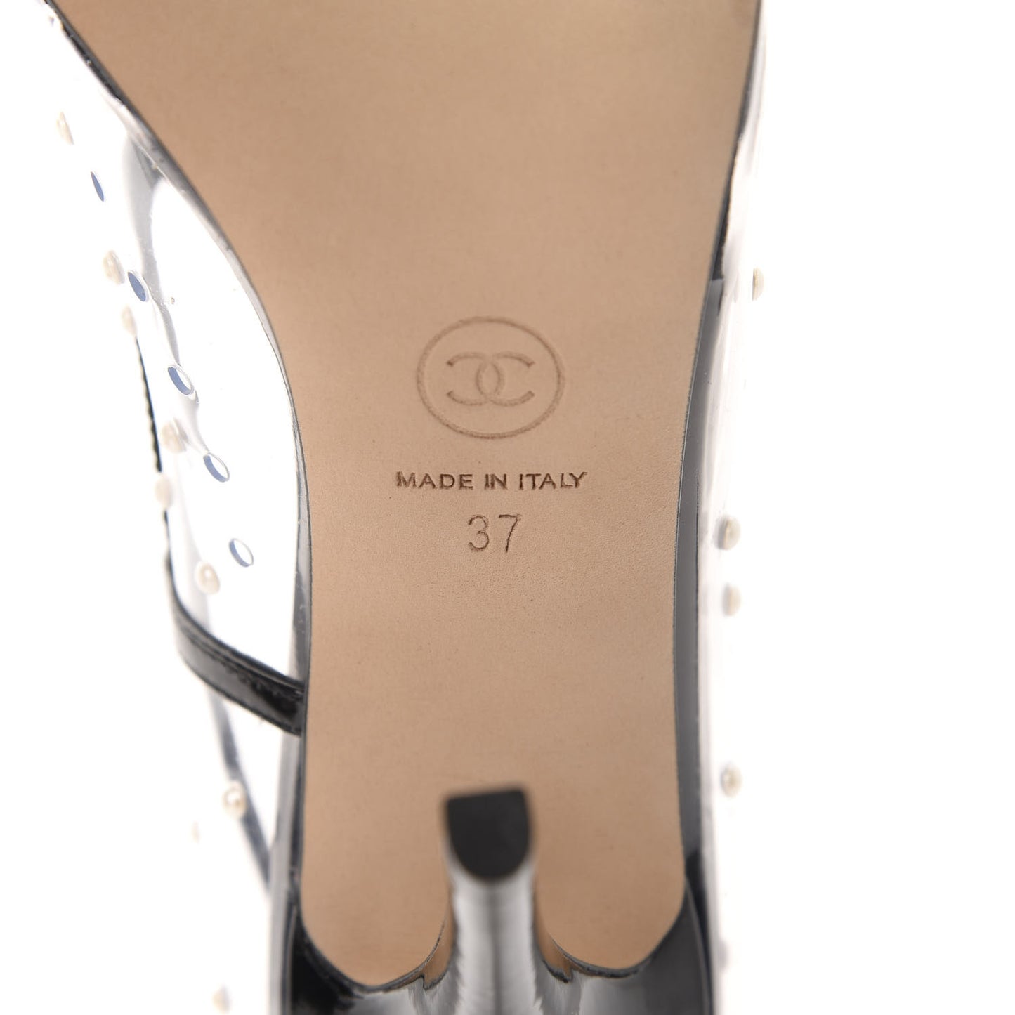 PVC Patent Calfskin Pearl Cap Toe Pumps 37 Transparent Black