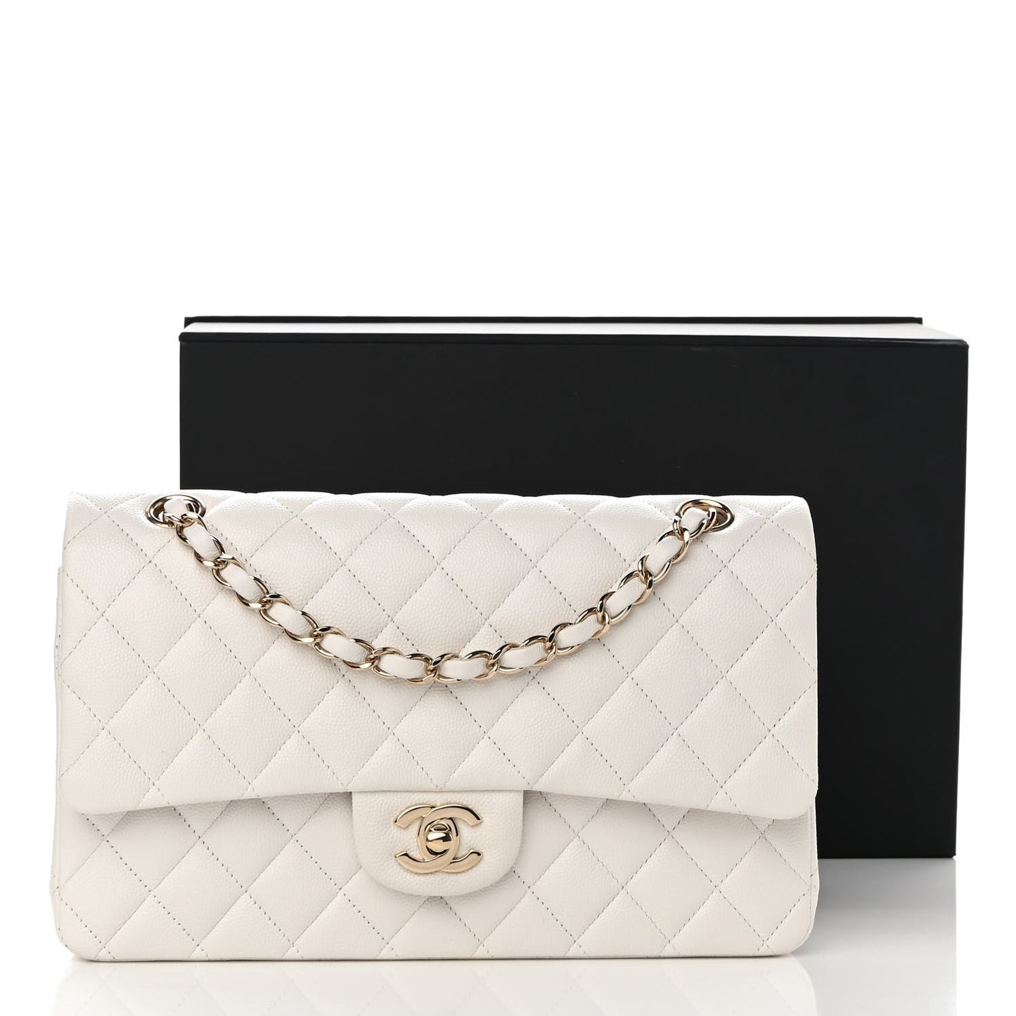 Caviar Quilted Medium Double Flap White
