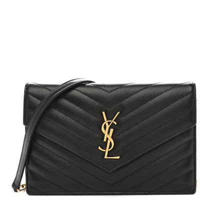Saint Laurent Grain De Poudre Matelasse Chevron Monogram Envelope Chain Wallet Black 1 of 15