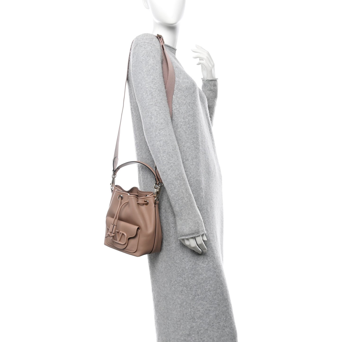 Calfskin Vlogo Small Loco Drawstring Bucket Bag Rose Cannelle