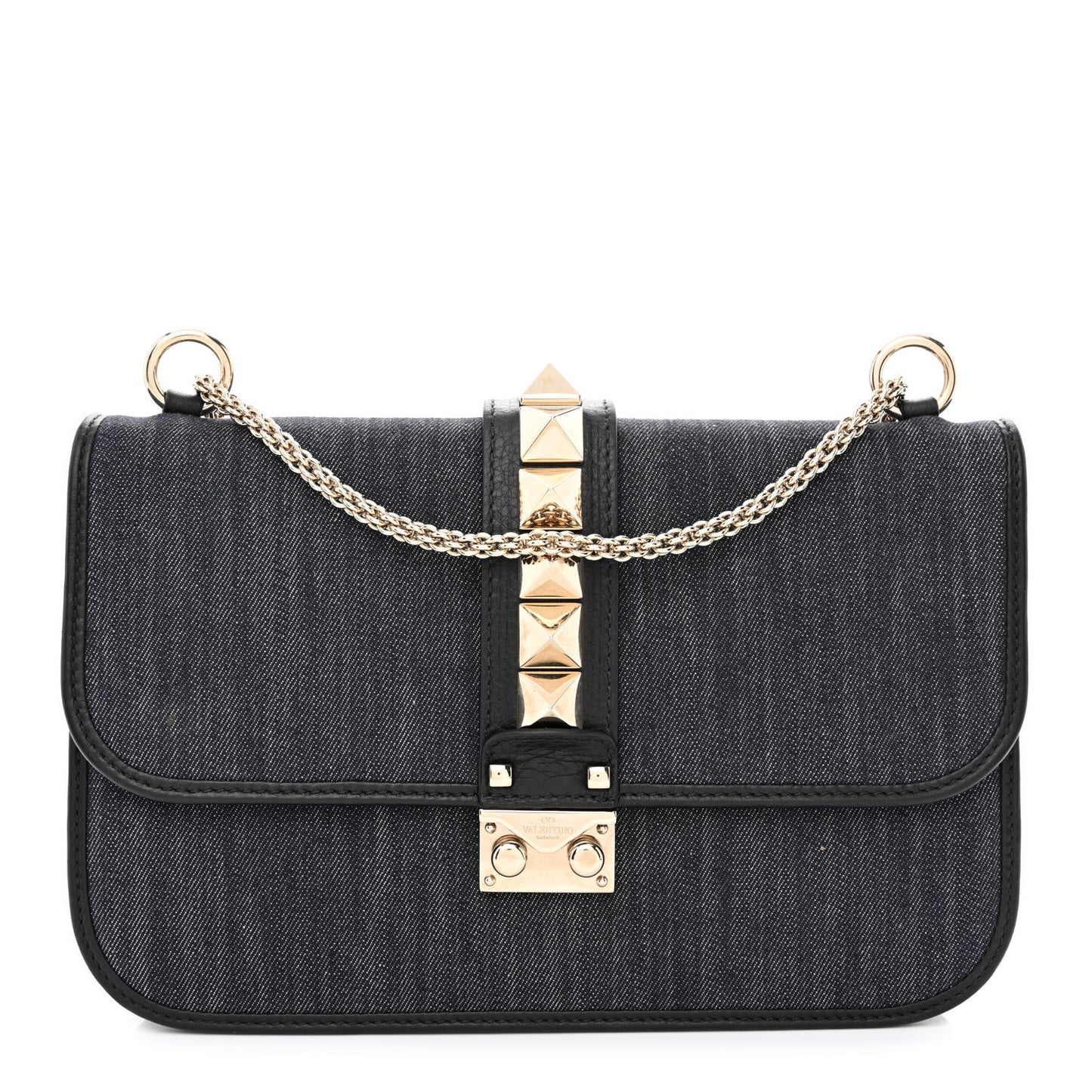 Denim Medium Glam Lock Rockstud Flap Deep Denim