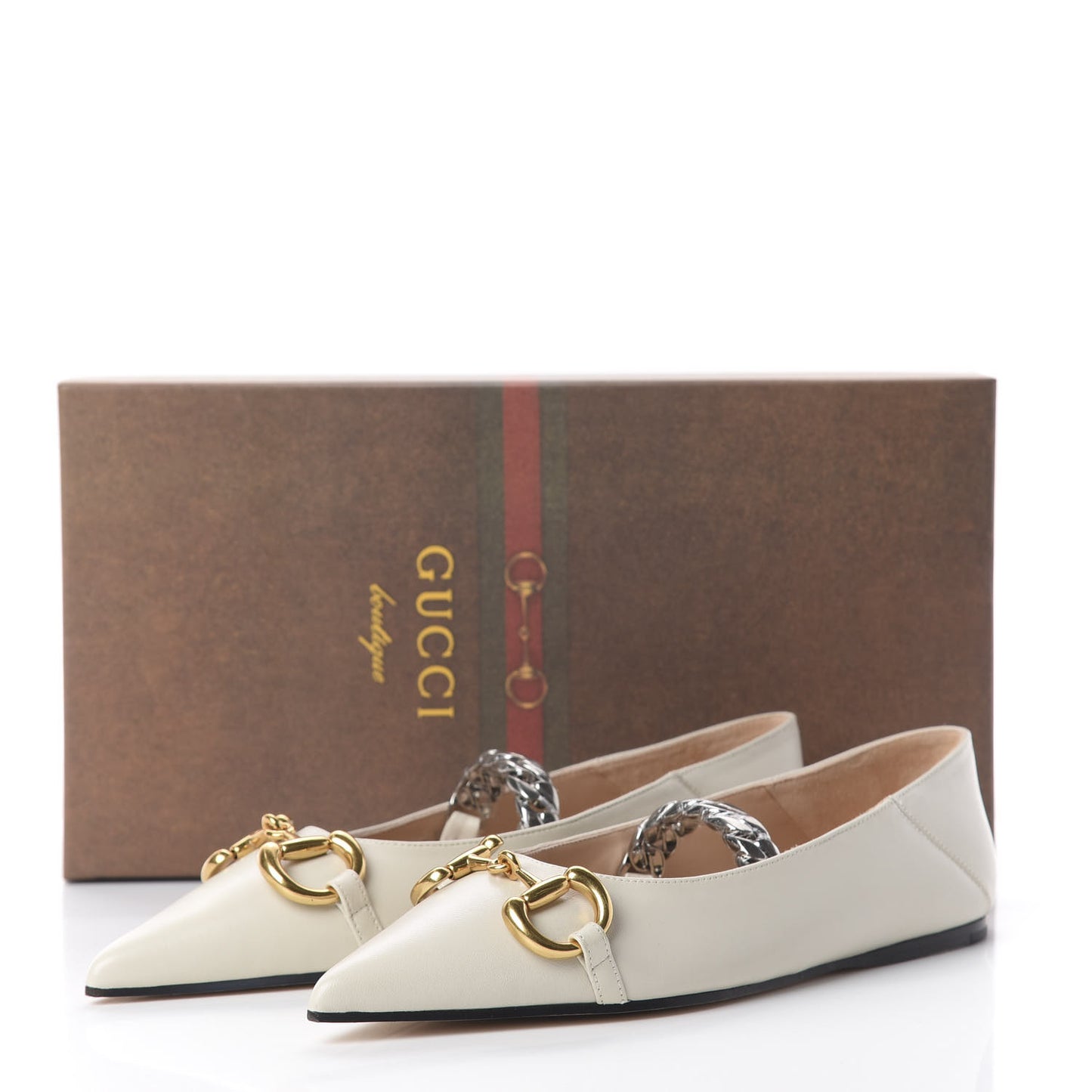 Nappa Lumiere Deva Horsebit Chain Embellished Flats 36 Dusty White