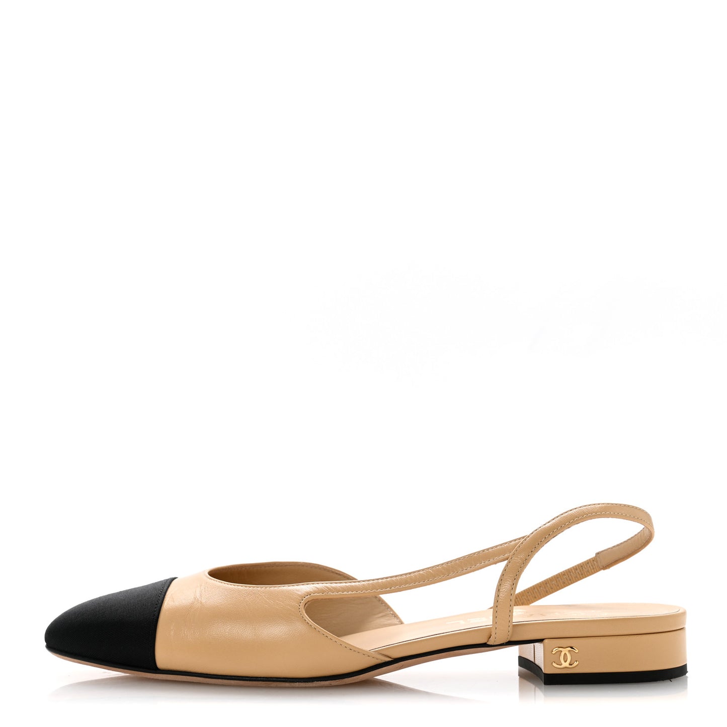 Goatskin Grosgrain Cap Toe CC Slingback Sandals 38.5 Beige Black