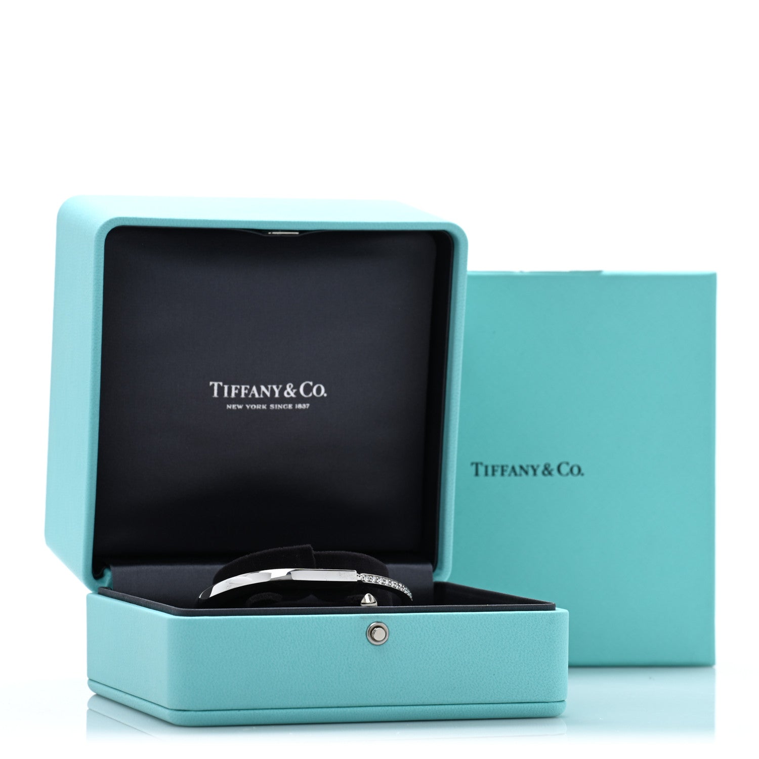 Tiffany 18K White Gold Diamond Tiffany Lock Half Pave Bangle Bracelet 5 of 5