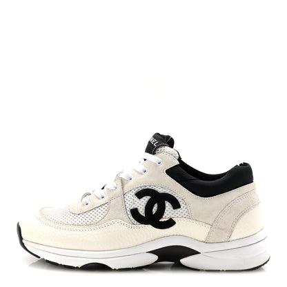 Chanel Mesh Suede Calfskin Grained Calfskin Womens CC Sneakers 38.5 White Black 1 of 9