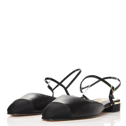 Chanel Lambskin Grosgrain Cap Toe CC Slingback Sandals 38.5 Black 2 of 10