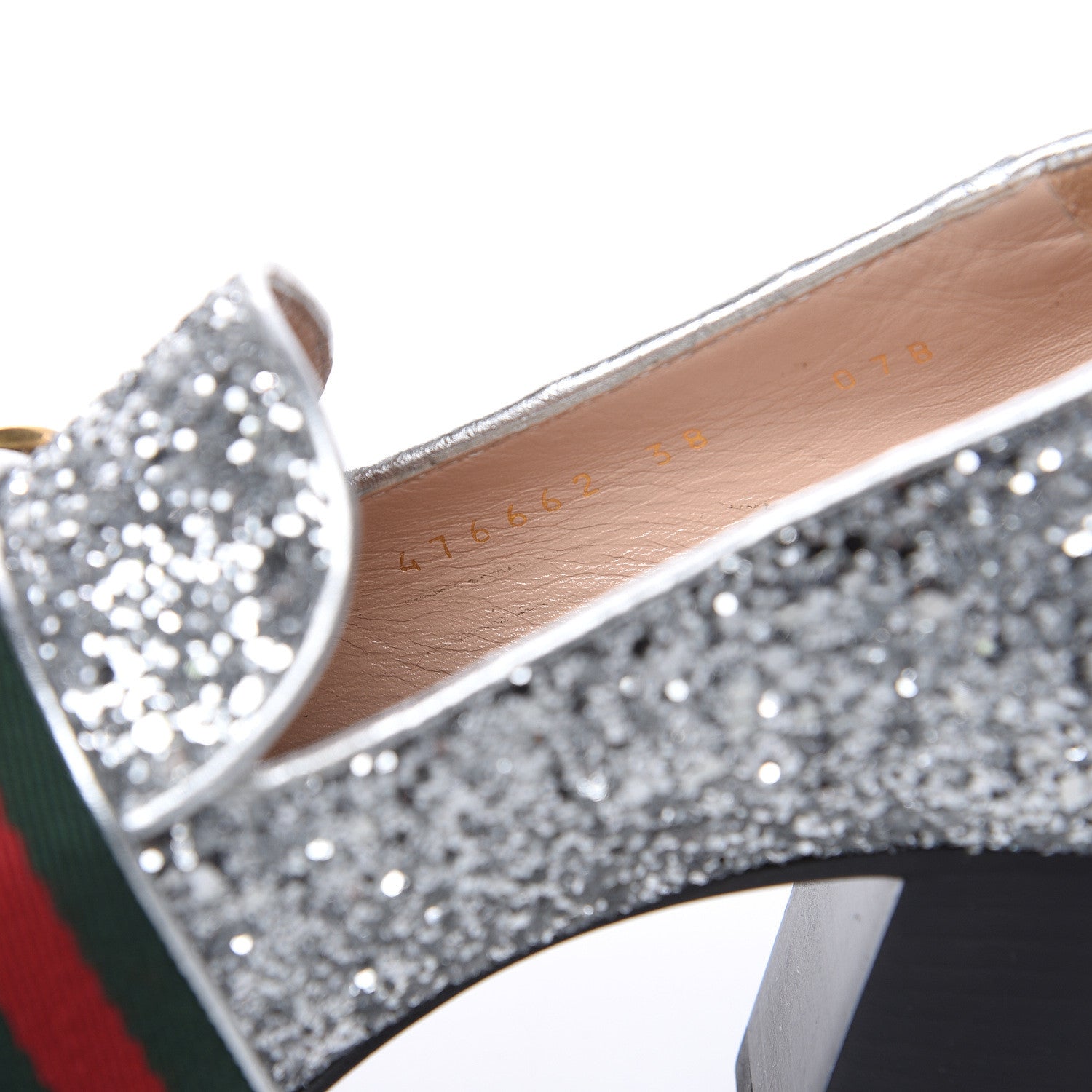 Gucci Glitter Nappa Web Peyton 75mm Loafer Pumps 38 Argento 7 of 9