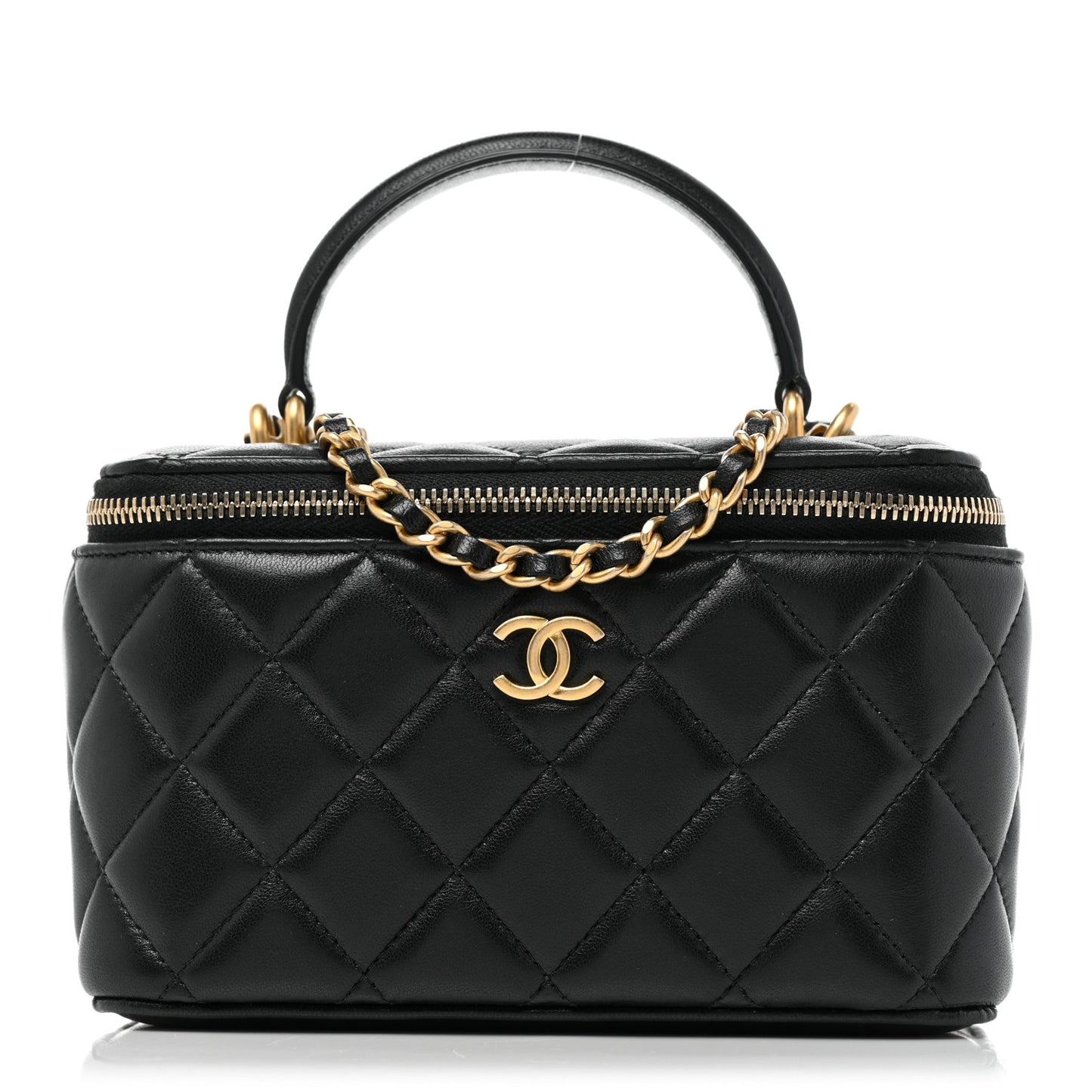 Lambskin Quilted Small Top Handle Vanity Case With Chain Black
