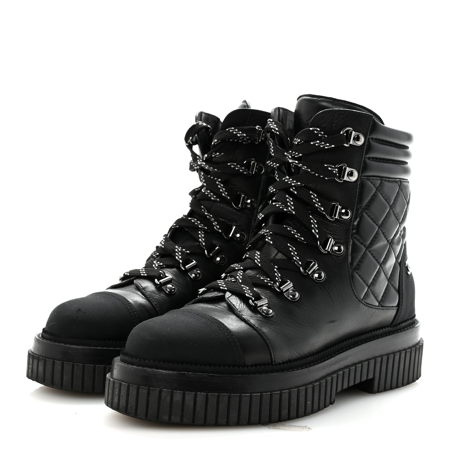 Chanel Calfskin Grosgrain Quilted Lace Up Boots 38.5 Black Grey 4 of 9