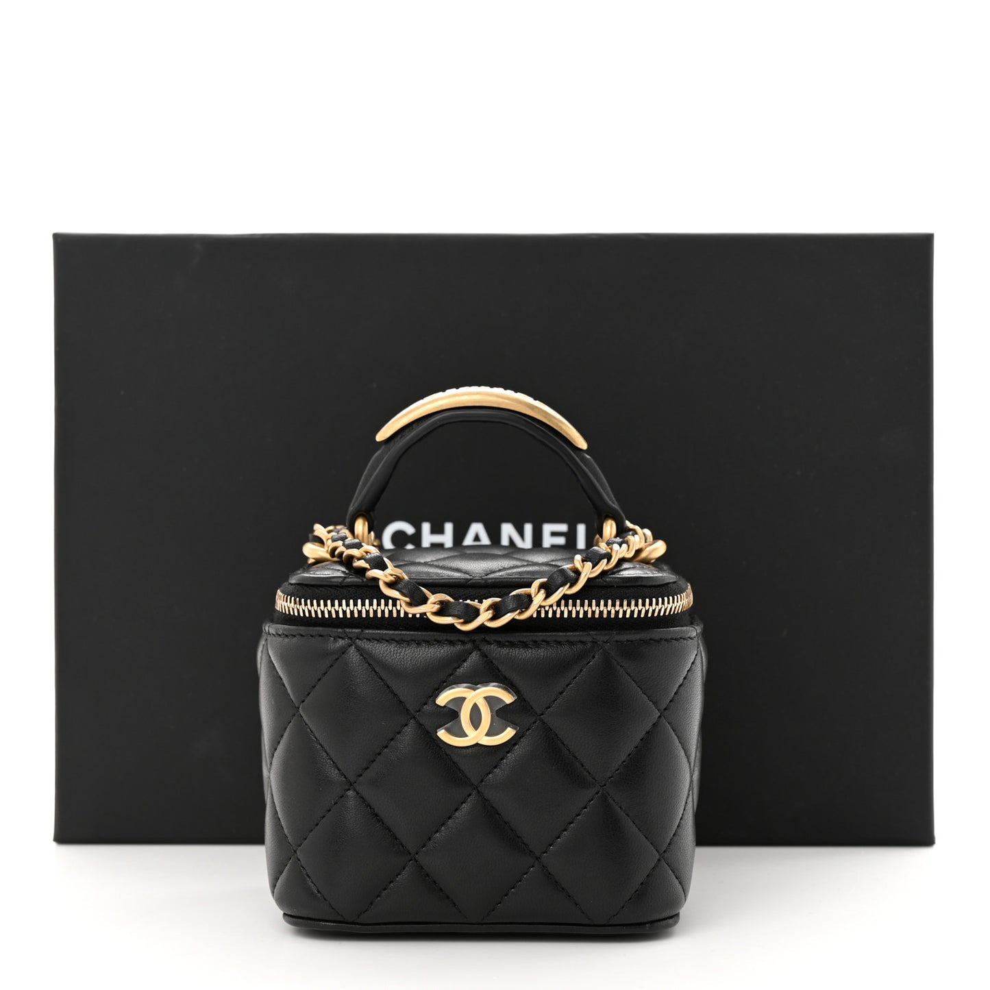 Lambskin Quilted Metal Mini Top Handle Vanity Case With Chain Black