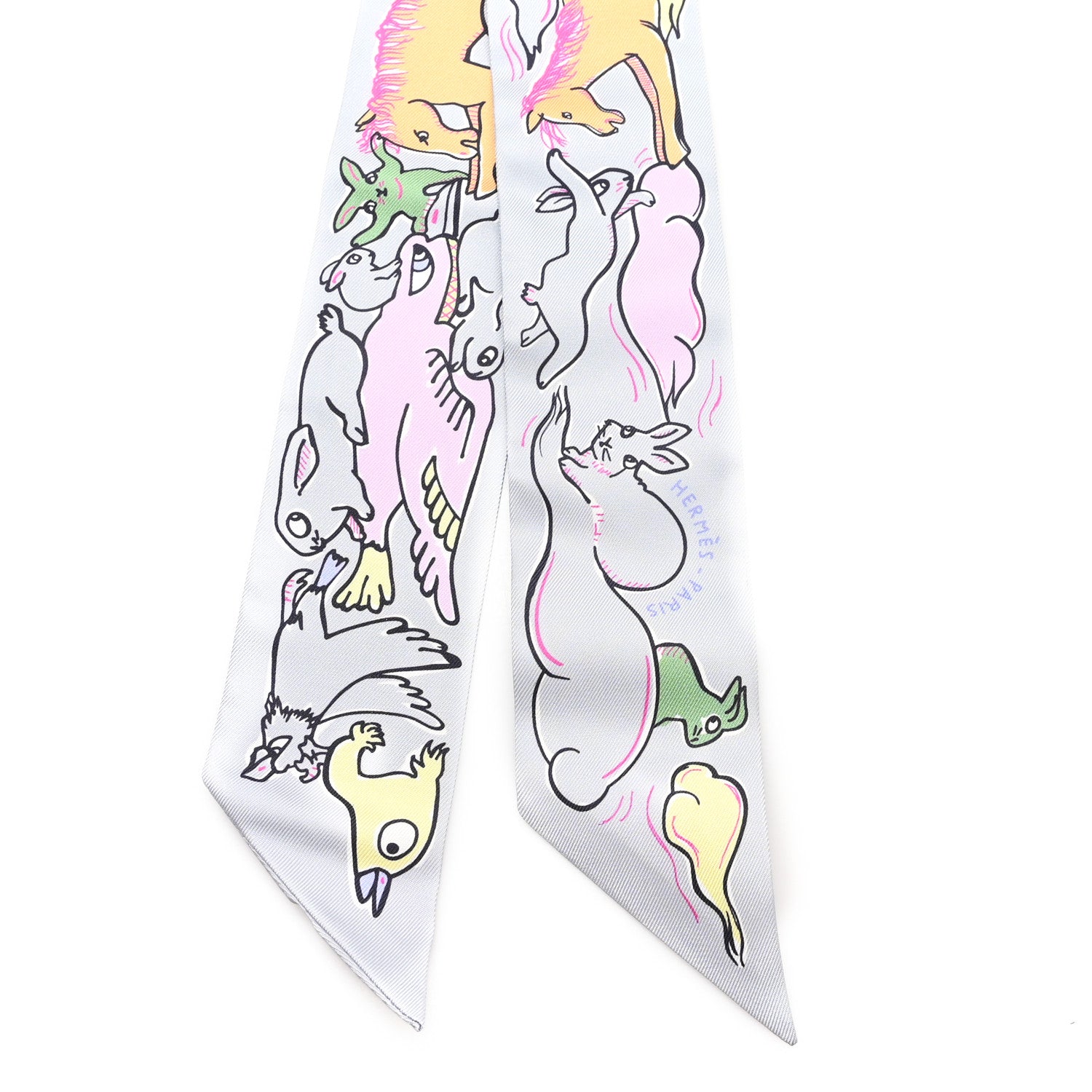 Hermes Silk Mille Et Un Lapins Twilly Gris Perle Rose Jaune 2 of 3
