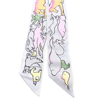 Hermes Silk Mille Et Un Lapins Twilly Gris Perle Rose Jaune 2 of 3