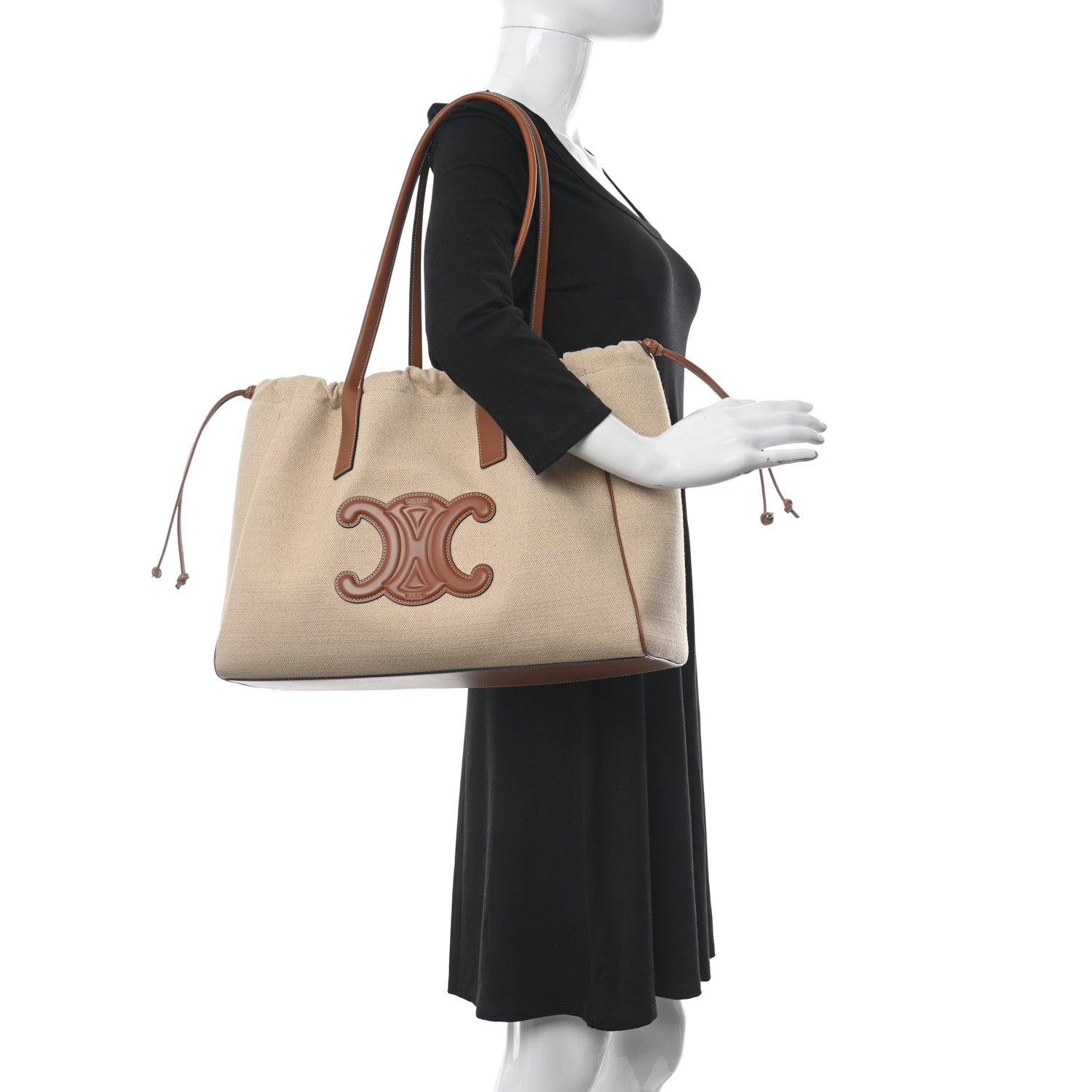 Celine Canvas Calfskin Cuir Triomphe Cabas Drawstring Natural Tan 2 of 11
